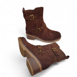 Botines marrón chocolate de rebajas con tacón bajo y tachas doradas -3