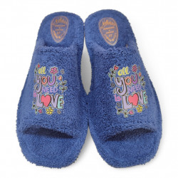 Zapatillas casa graciosas 'Love' punta abierta rizo azul marino