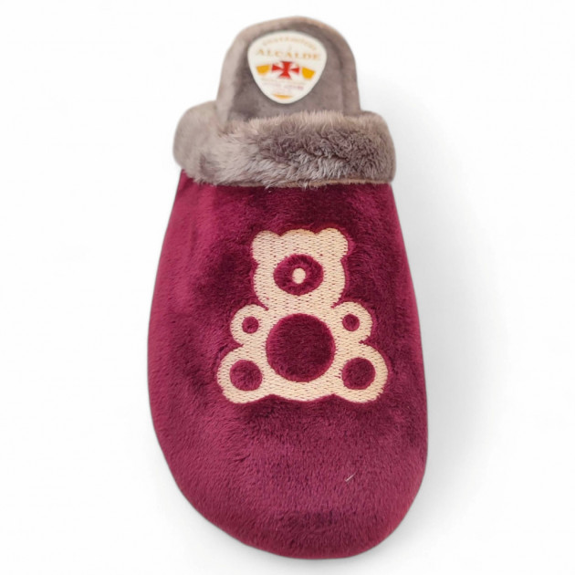 Zapatillas casa con oso en burdeos de terciopelo para otoño e invierno-1