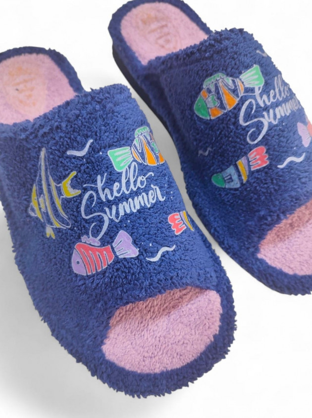 Zapatillas casa divertidas para verano Hello Summer con peces marino-1