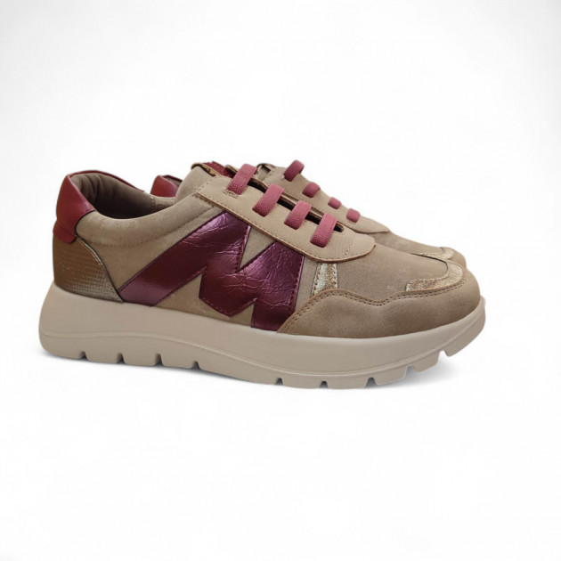 Zapatillas Mysoft taupe con M burdeos cordones elásticos-1