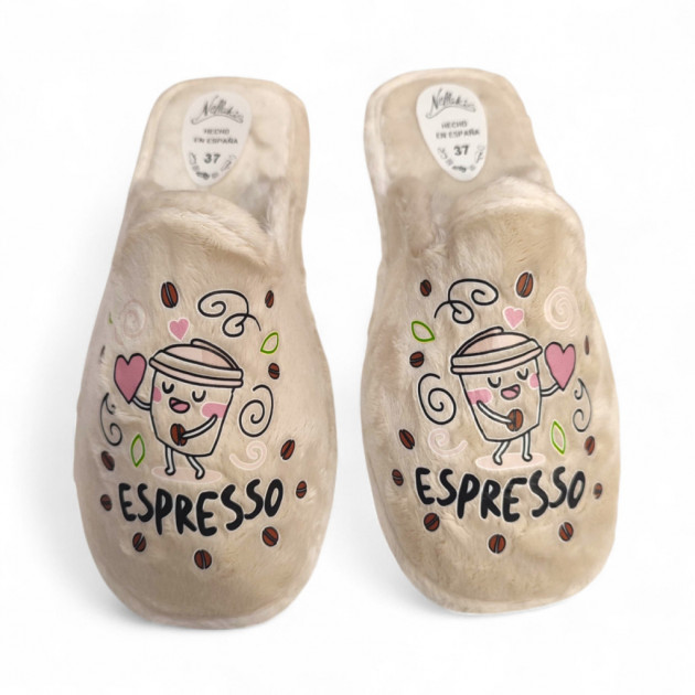 Zapatillas para casa divertidas de mujer café Espresso beige-1